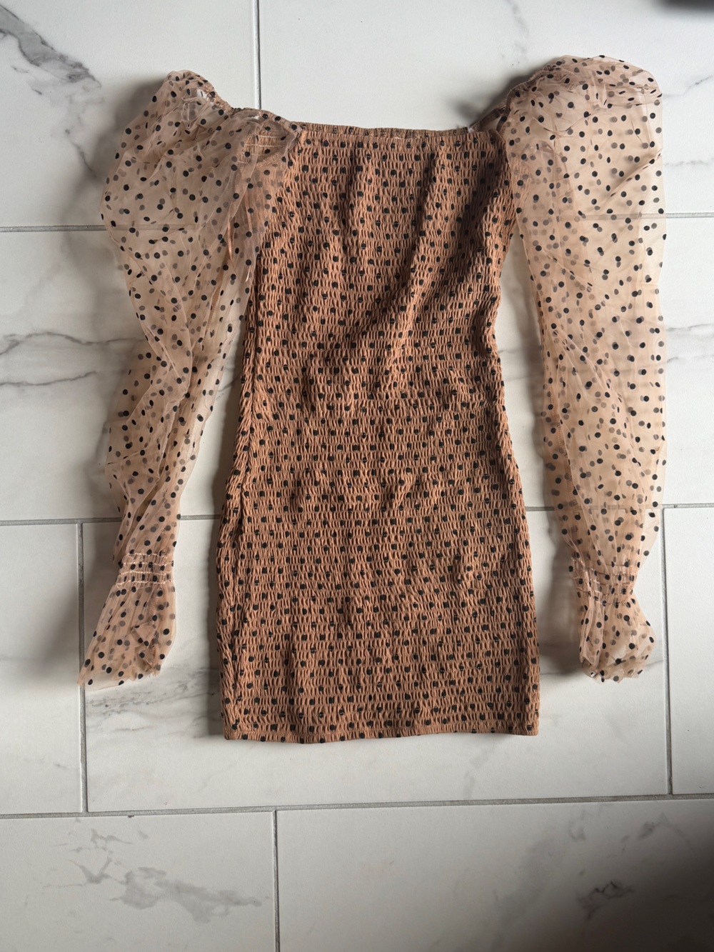 Sheer Polka Dot Sleeve Knit Bodycon Dress - Nude Brown